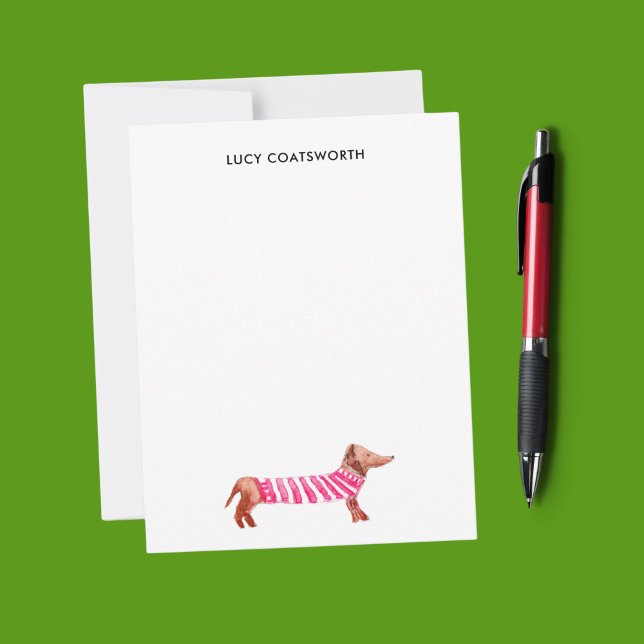 Christmas Dachshund Monogram Cute Boho Dog Lover  Card (This dachshund note card features my own watercolor drawing of a cute dog in a sweater.)