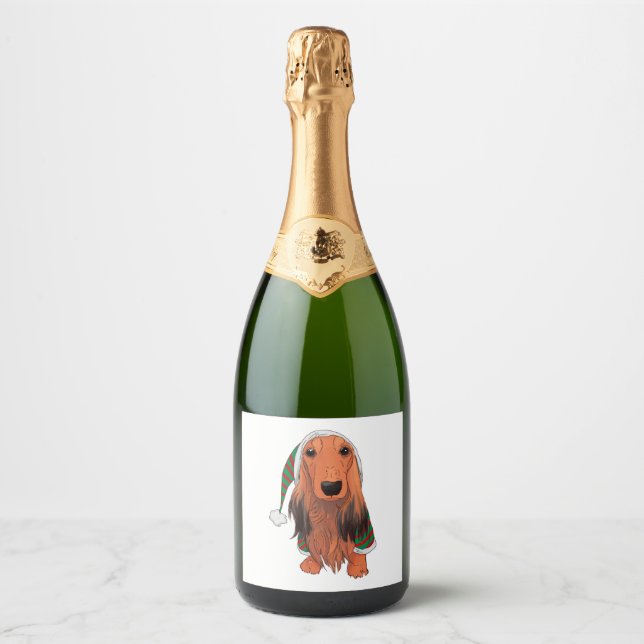 Christmas Dachshund- Red longhaired    Sparkling Wine Label (Front)