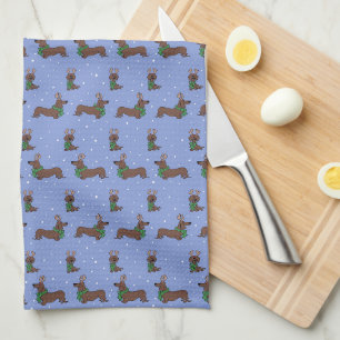 Christmas Dachshund Reindeer Cute Pattern Tea Towel