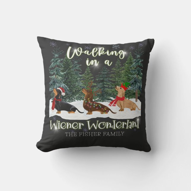 Christmas Dachshund Walking In A Wiener Wonderland Cushion (Front)