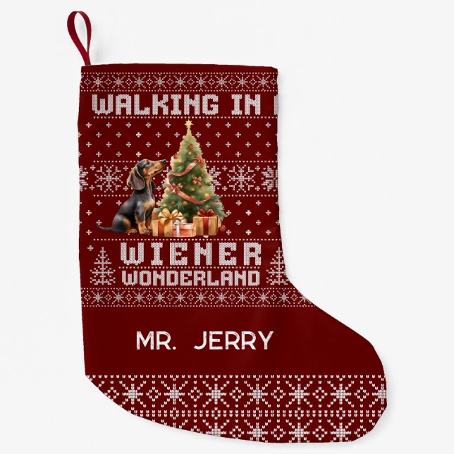Christmas Dachshund Walking in a Wiener Wonderland Small Christmas Stocking (Front)
