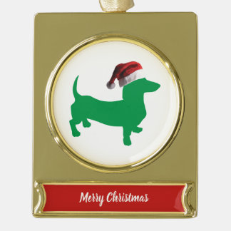 Christmas Dachshund wearing a Santa Hat Gold Plated Banner Ornament