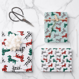 Christmas Dachshunds in Red Flannel Buffalo Plaid Wrapping Paper Sheet