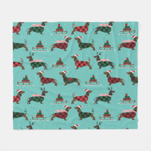 Christmas Dachshunds Wearing Sweater & Santa Hat Fleece Blanket