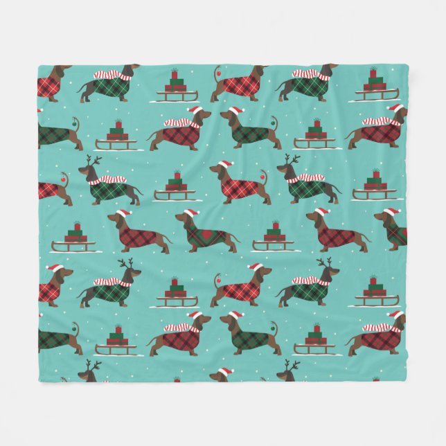Christmas Dachshunds Wearing Sweater & Santa Hat Fleece Blanket (Front (Horizontal))