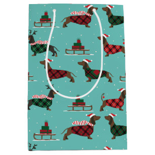 Christmas Dachshunds Wearing Sweater & Santa Hat Medium Gift Bag