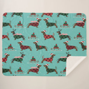 Christmas Dachshunds Wearing Sweater & Santa Hat Sherpa Blanket