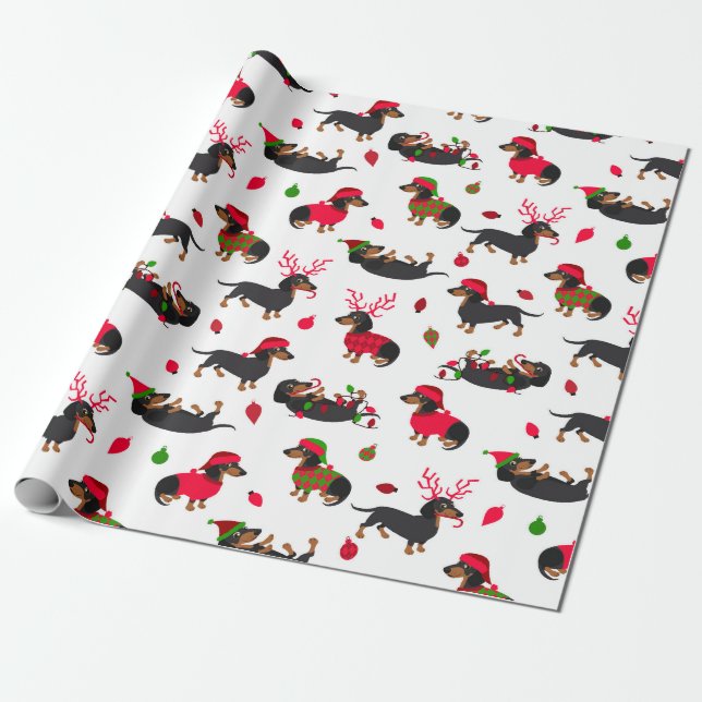 Christmas Dachshunds White Wrapping Paper (Unrolled)