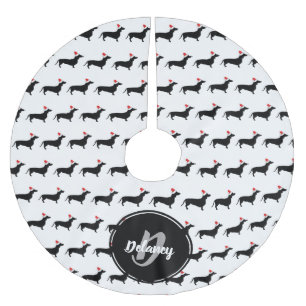 Christmas Dacshunds & Santa Hats Family Name Brushed Polyester Tree Skirt