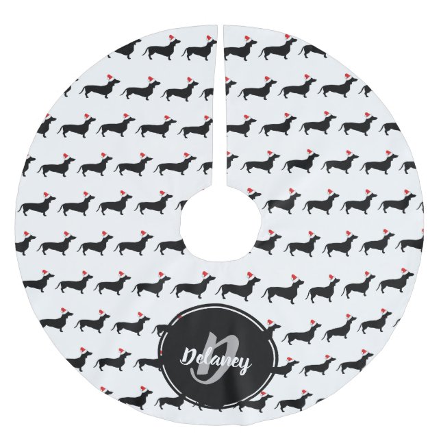 Christmas Dacshunds & Santa Hats Family Name Brushed Polyester Tree Skirt (Front)