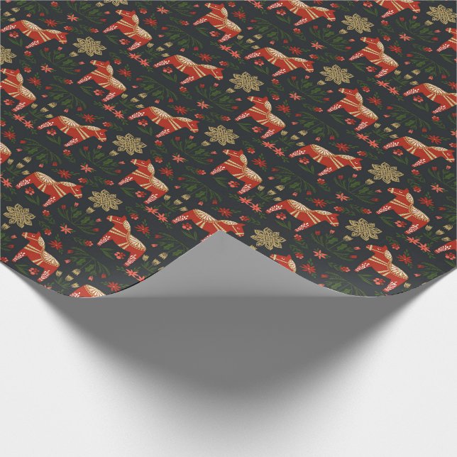 Christmas Dala Horse charcoal Wrapping Paper (Corner)