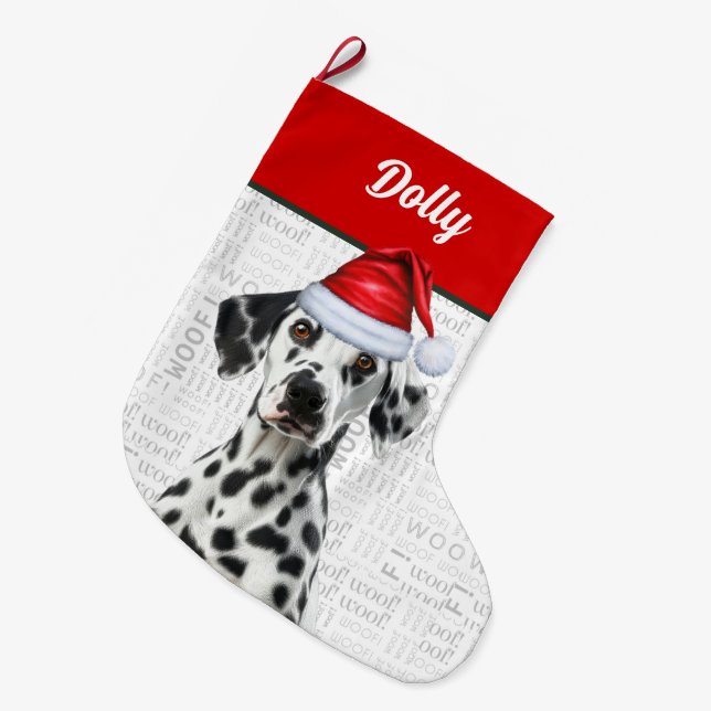 Christmas Dalmatian Dog with Name Woof Background Large Christmas Stocking (Front (Hanging))