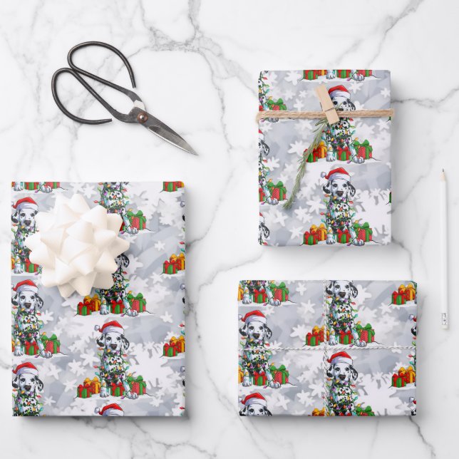 Christmas Dalmatian Wearing Santa Hat Lights Cute Wrapping Paper Sheet (Front)