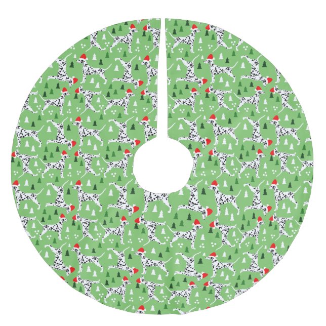 Christmas Dalmatians in Santa Hats Green Holiday Brushed Polyester Tree Skirt (Front)