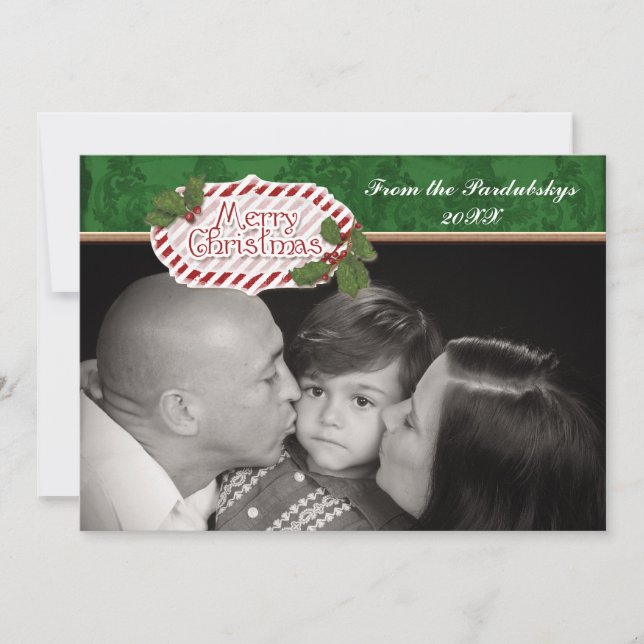 Christmas Damask Candy Cane Striped Holly Card (Front)