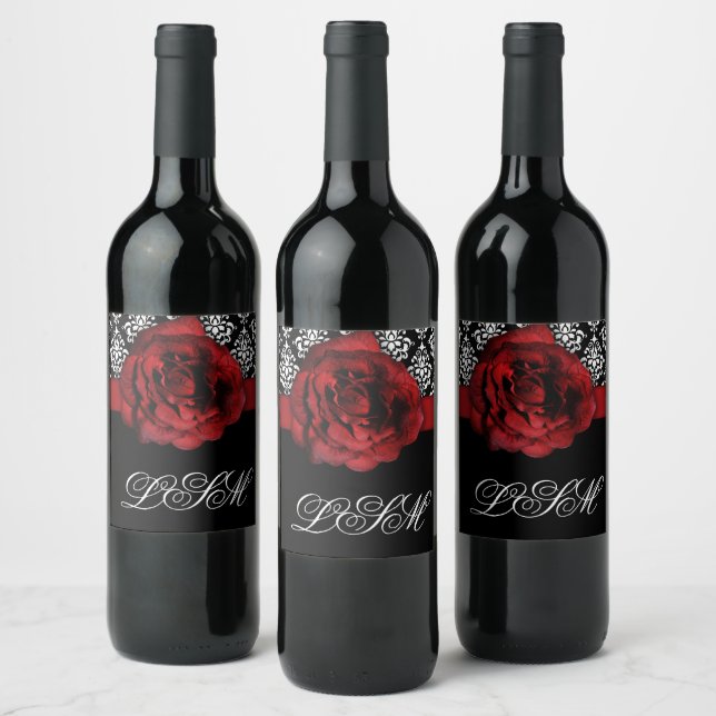 Christmas Damask Wedding Wine Label Red Rose (Bottles)