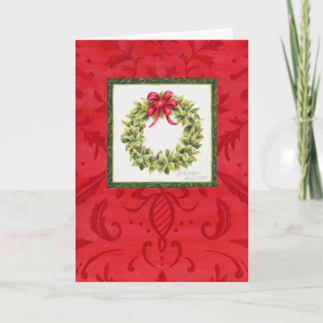 Christmas Damask Wreath Christian Blessings Card (Front)