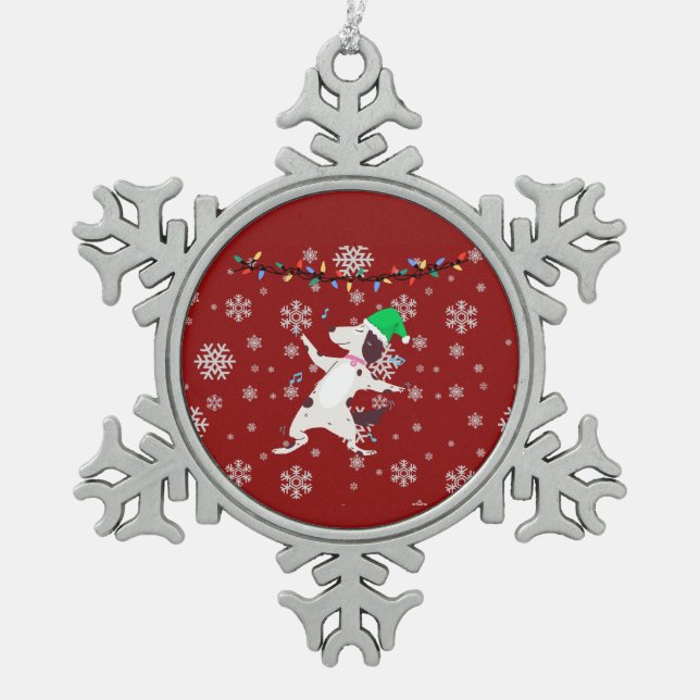 Christmas dancing dog snowflake pewter christmas ornament (Front)