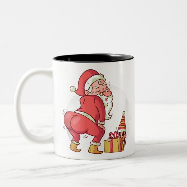 Christmas dancing twerking santa claus elf pyjamas Two-Tone coffee mug (Left)