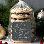 Christmas Dark Blue and Gold Holiday Baking Gift Square Sticker<br><div class="desc">Custom-designed holiday baking gift stickers and labels featuring "baking spirits bright" modern gold calligraphy design with personalised name.</div>