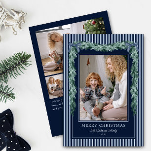 Christmas Dark Blue Stripes Bow Garlands 5 Photo Holiday Card