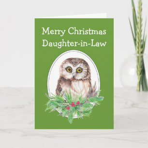 Christmas Daughter in Law Cute Owl Bird Holly PIne Holiday Card