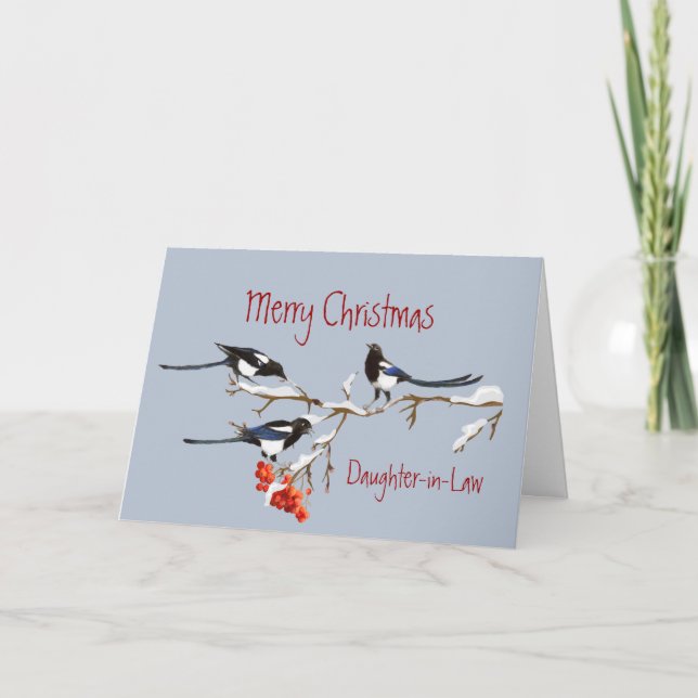 Christmas Daughter-in-Law Magpie Family Birds Holiday Card (Front)