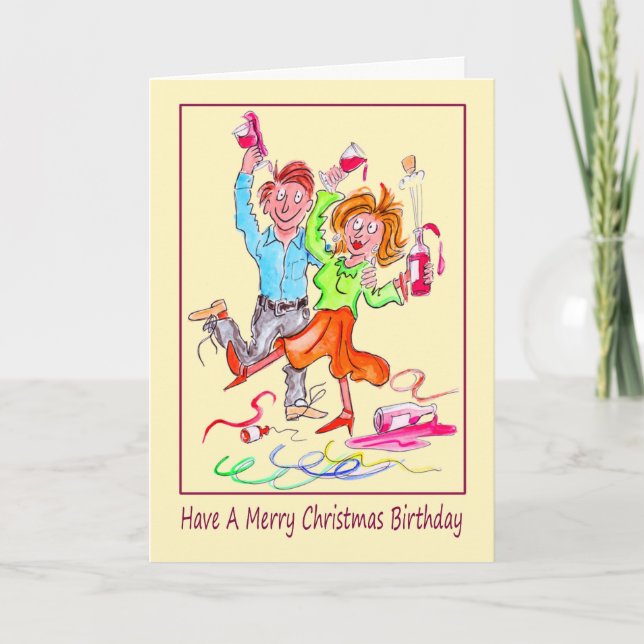 Christmas Day Birthday Cartoon of Couple Partying Holiday Card (Front)