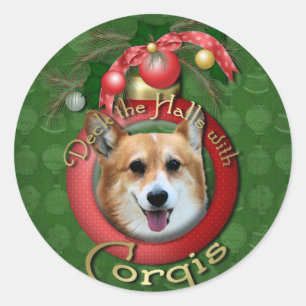 Christmas - Deck the Halls - Corgis - Owen Classic Round Sticker