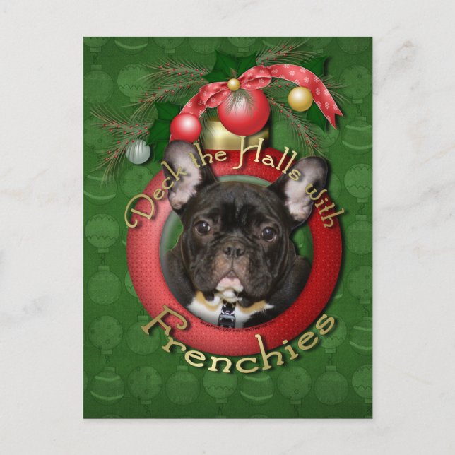 Christmas - Deck the Halls - Frenchies - Teal Holiday Postcard (Front)