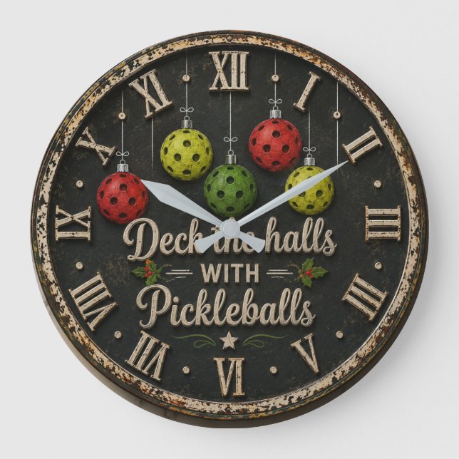 Christmas Deck the Halls with Pickleballs Large Clock (Front)