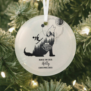 Christmas Decor Nurse Skiing Snow Adventure Gift Glass Tree Decoration