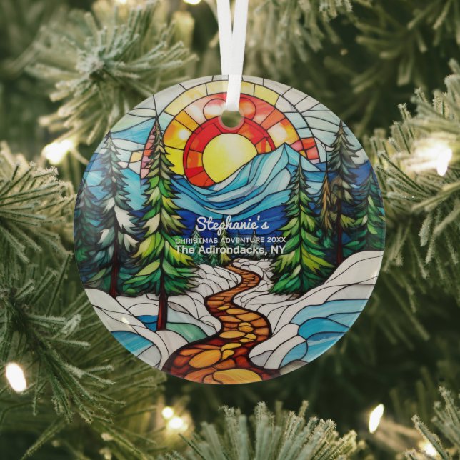 Christmas Decor The Adirondacks NY Adventure Hike Glass Tree Decoration (Insitu)