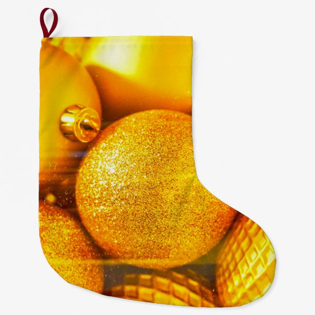 Christmas decor yellow baubles large christmas stocking (Front)
