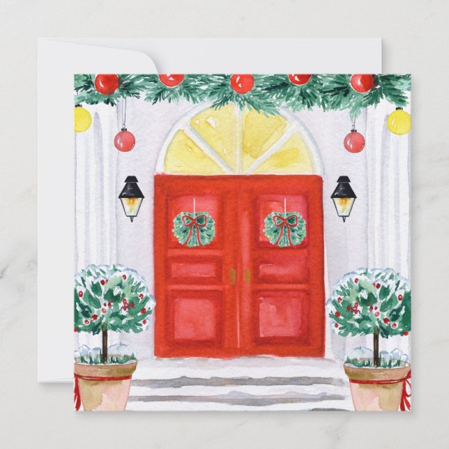 Christmas Decorated House Front Door Topiary Holiday Card (Front)