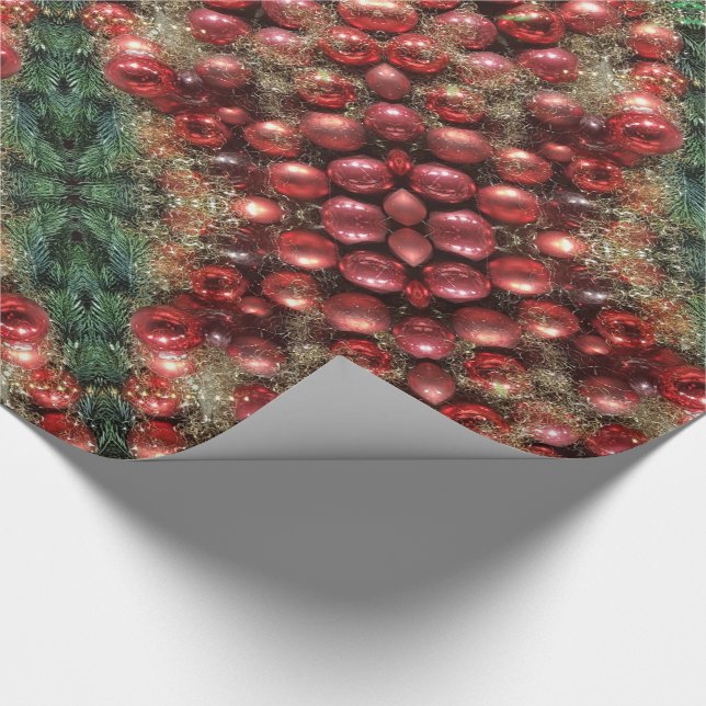 Christmas Decoration Red Baubles Fir Kaleidoscopic Wrapping Paper (Corner)