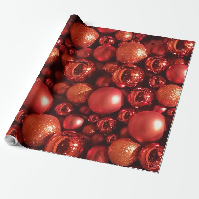 Christmas Decoration Red Baubles Wrapping Paper (Unrolled)