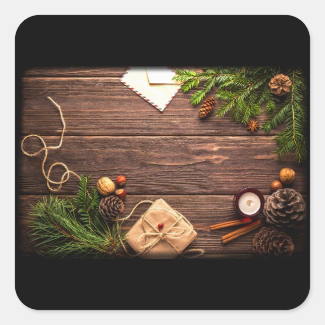 Christmas Decoration with Barn Wood and Pine Square Sticker (Front)