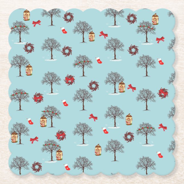 Christmas decorations and trees under snow paper coaster (Front)