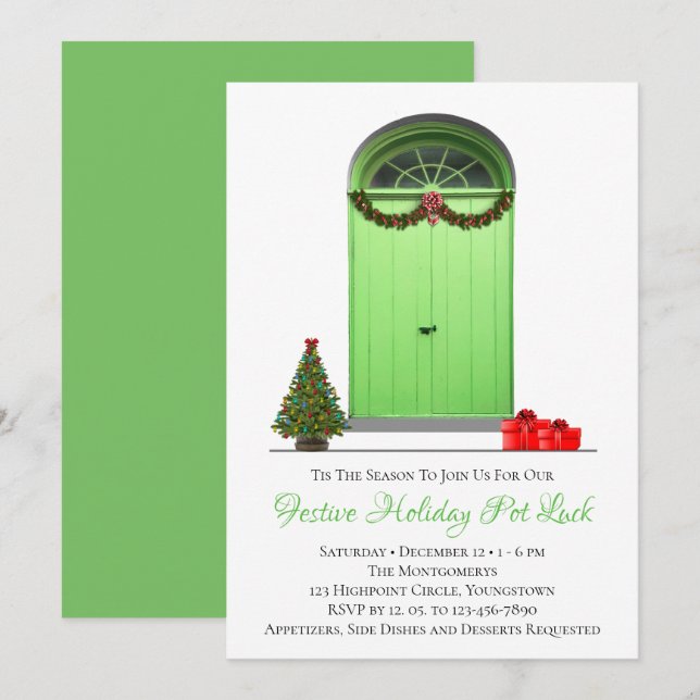 Christmas Decorations Green Doors Holiday Party Invitation (Front/Back)