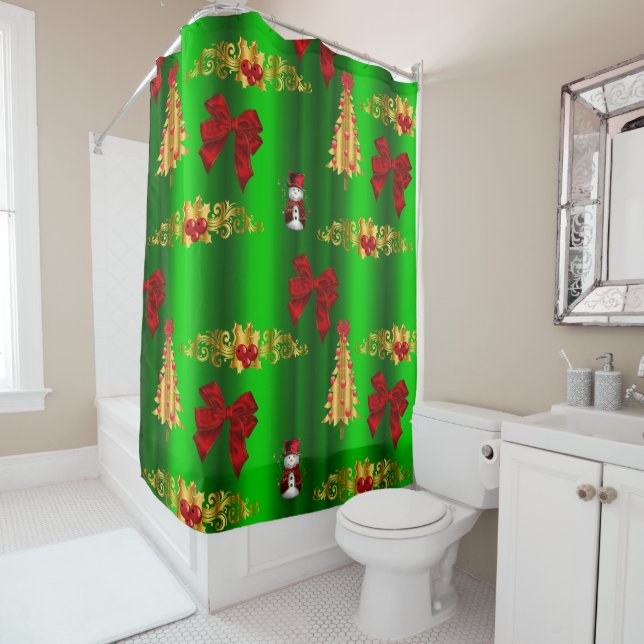Christmas Decorations on Green Shower Curtain (In Situ)