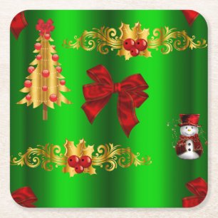 Christmas Decorations On Green Square Paper Coaster