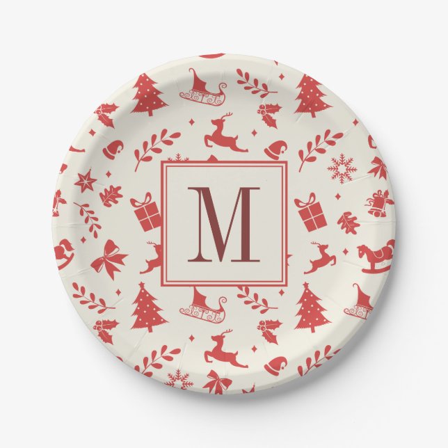 Christmas Decorative Family Monogram Initial Paper Plate (Front)