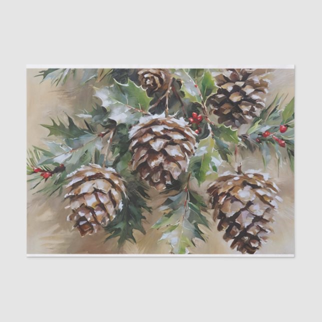 Christmas Decoupage Holly and Pinecones Tissue Paper (Front)