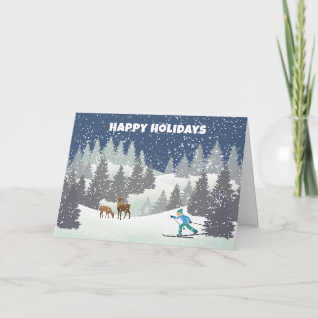 Christmas Deer And Cross Country Skier Holiday Card (Front)