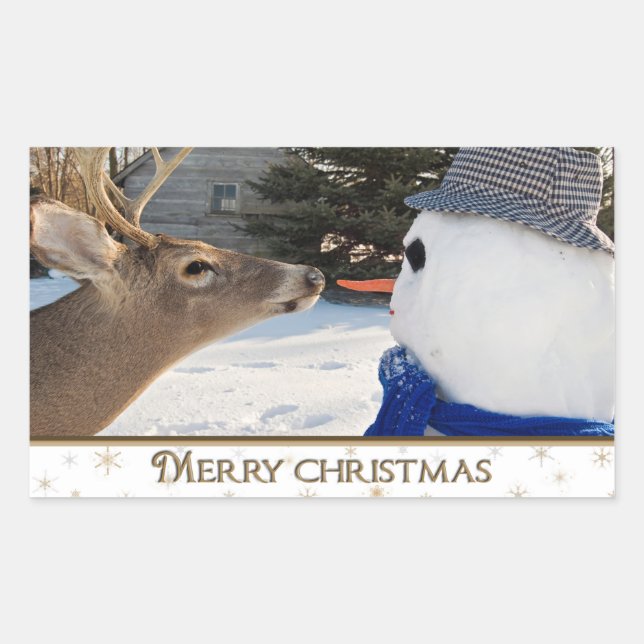 Christmas Deer and Snowman Rectangular Sticker (Front)