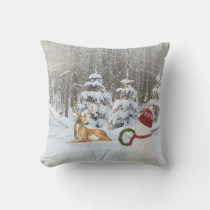 Christmas deer and snowman with snowflakes cushion