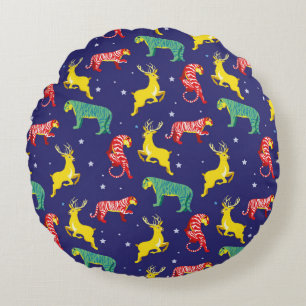Christmas deer and tiger. Colour trends!_ Round Cushion