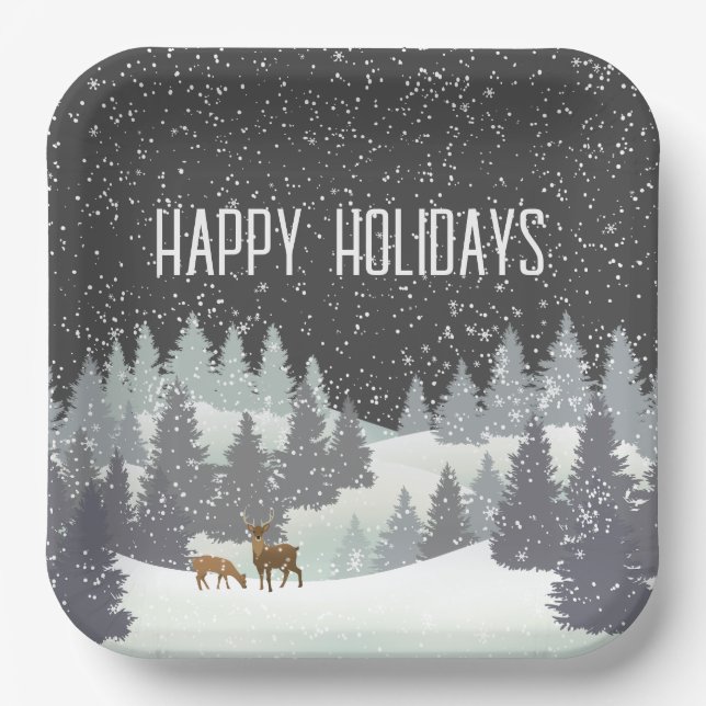 Christmas Deer and Winter Pines  Paper Plate (Front)