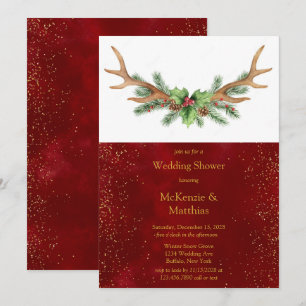 Christmas Deer Antler Burgundy Gold Wedding Shower Invitation